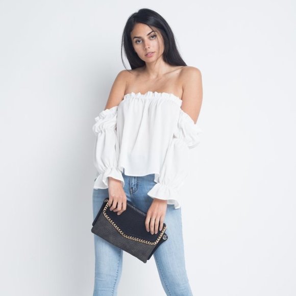 Women's Off Shoulder Ruffle Bardot Top - Picture 1 of 5